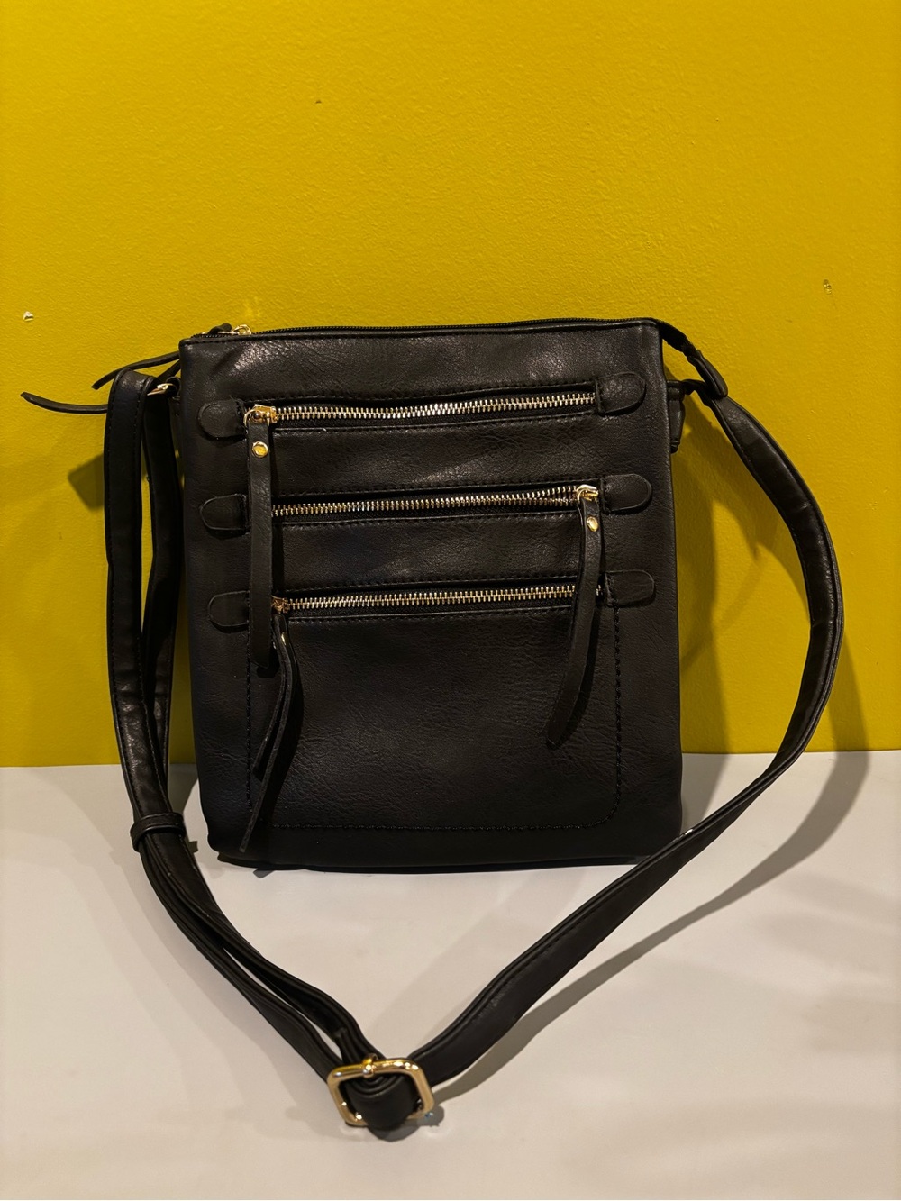 Black Crossbody Bag with Gold Zippers - Unbranded